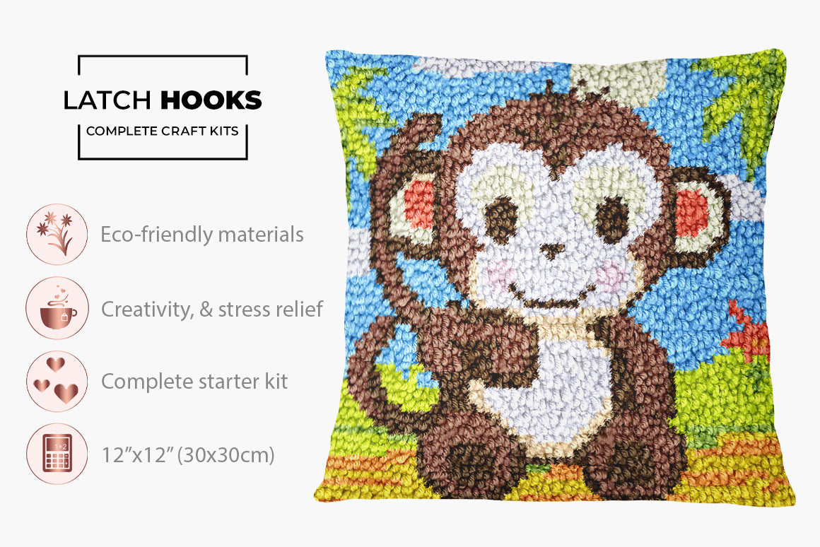 Cheerful Monkey in Paradise - Latch Hook Pillow Kit