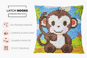 Cheerful Monkey in Paradise - Latch Hook Pillow Kit