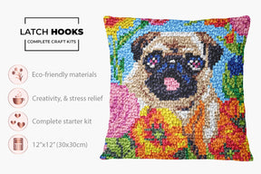 Floral Pug Charm - Latch Hook Pillow Kit