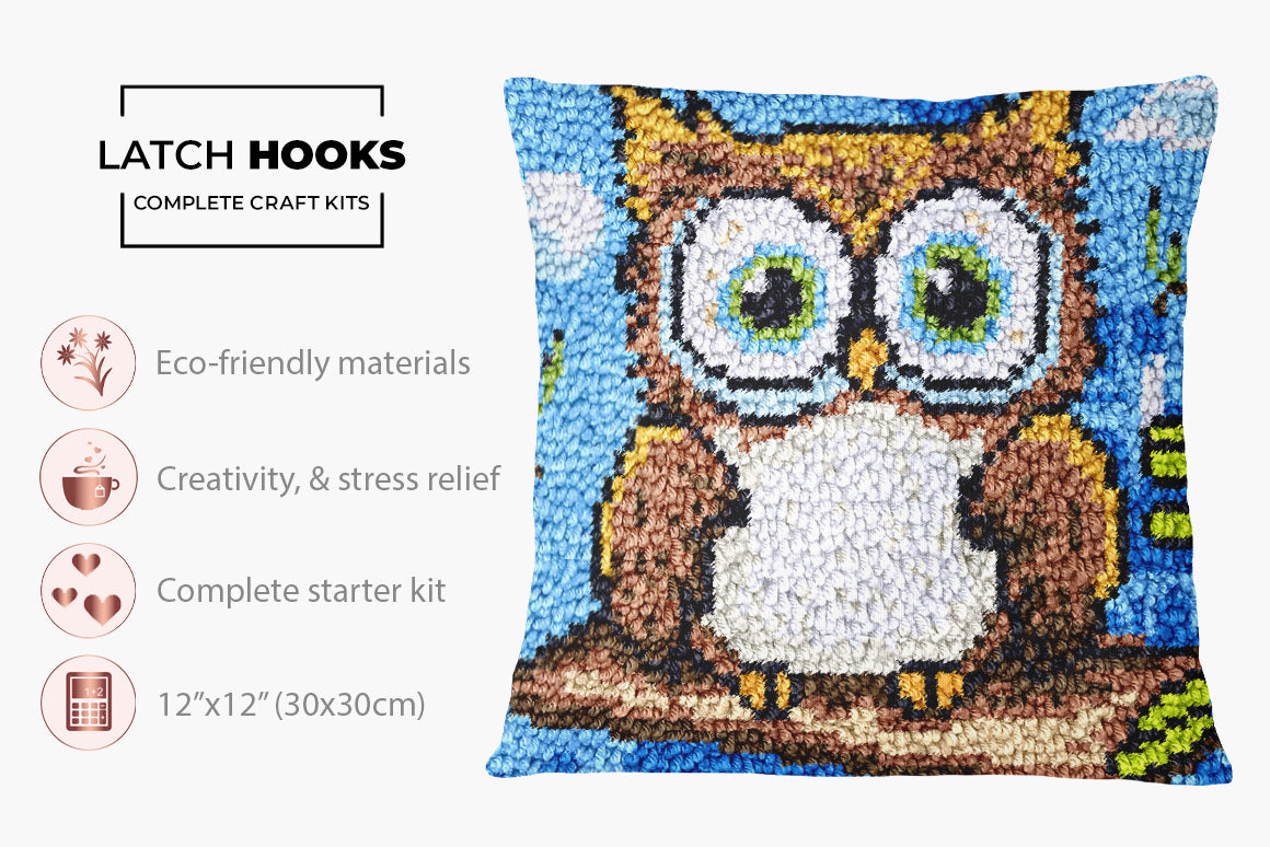 Whimsical Owl Plush Art - Latch Hook Pillow Kit