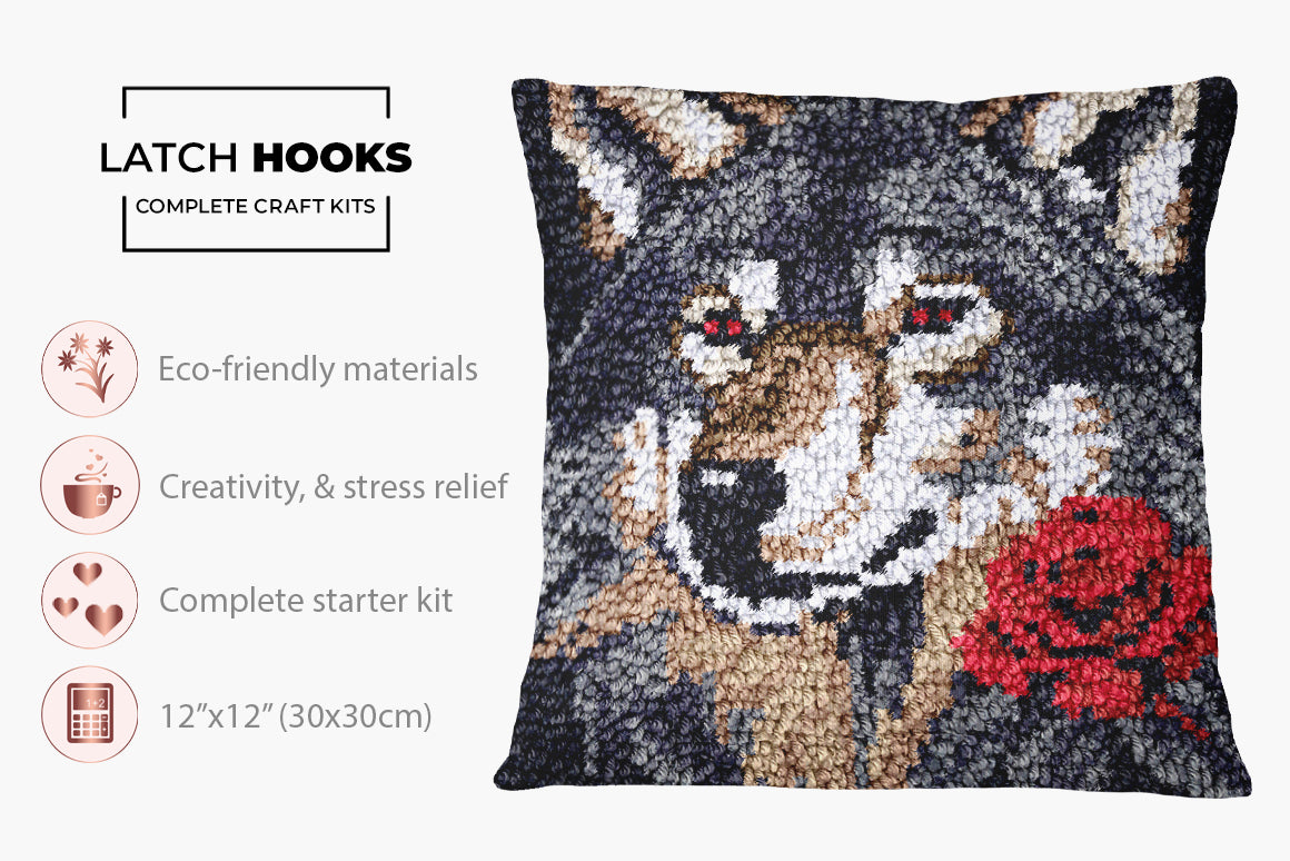 Wolf Embrace: Floral Majesty - Latch Hook Pillow Kit