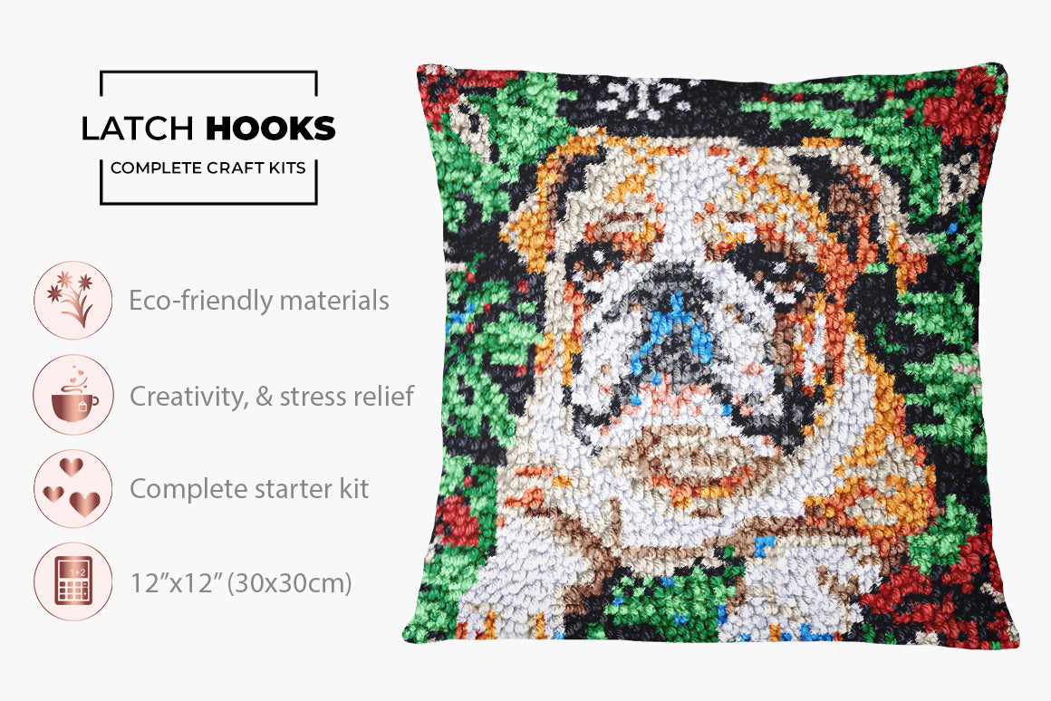 Charming Bulldog in Festive Greens - Latch Hook Pillow Kit