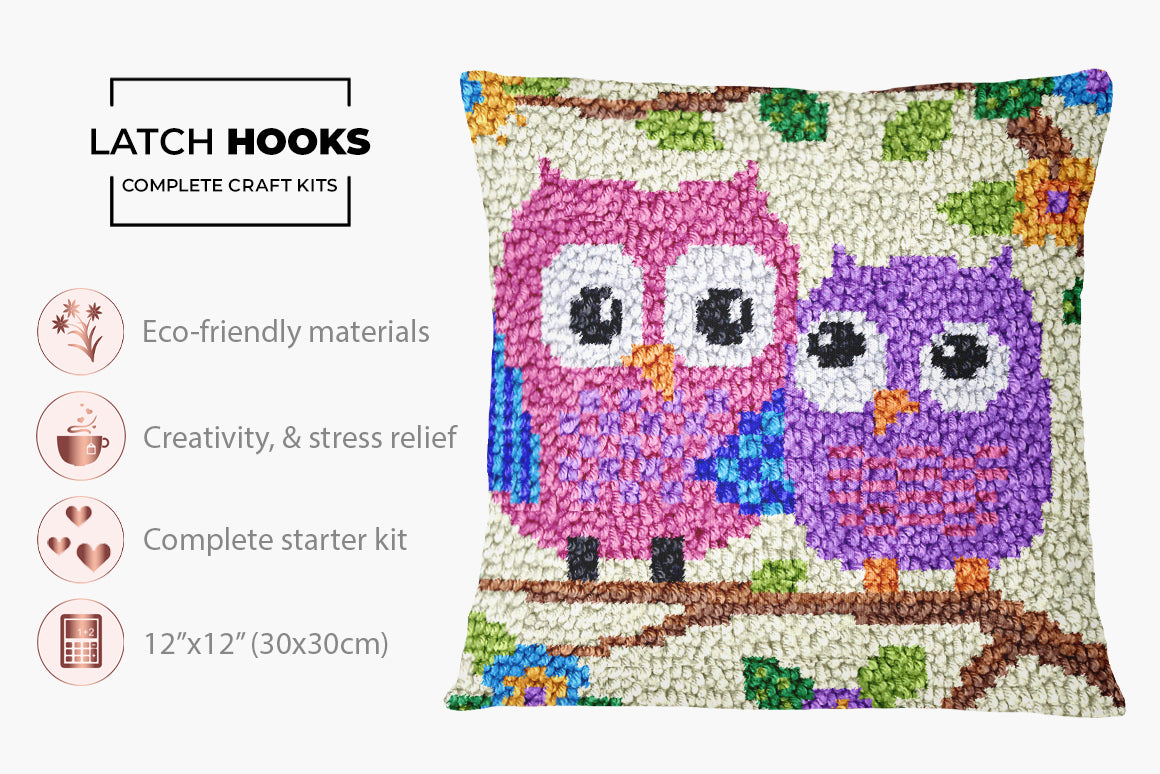 Charming Owls in Harmony - Latch Hook Pillow Kit