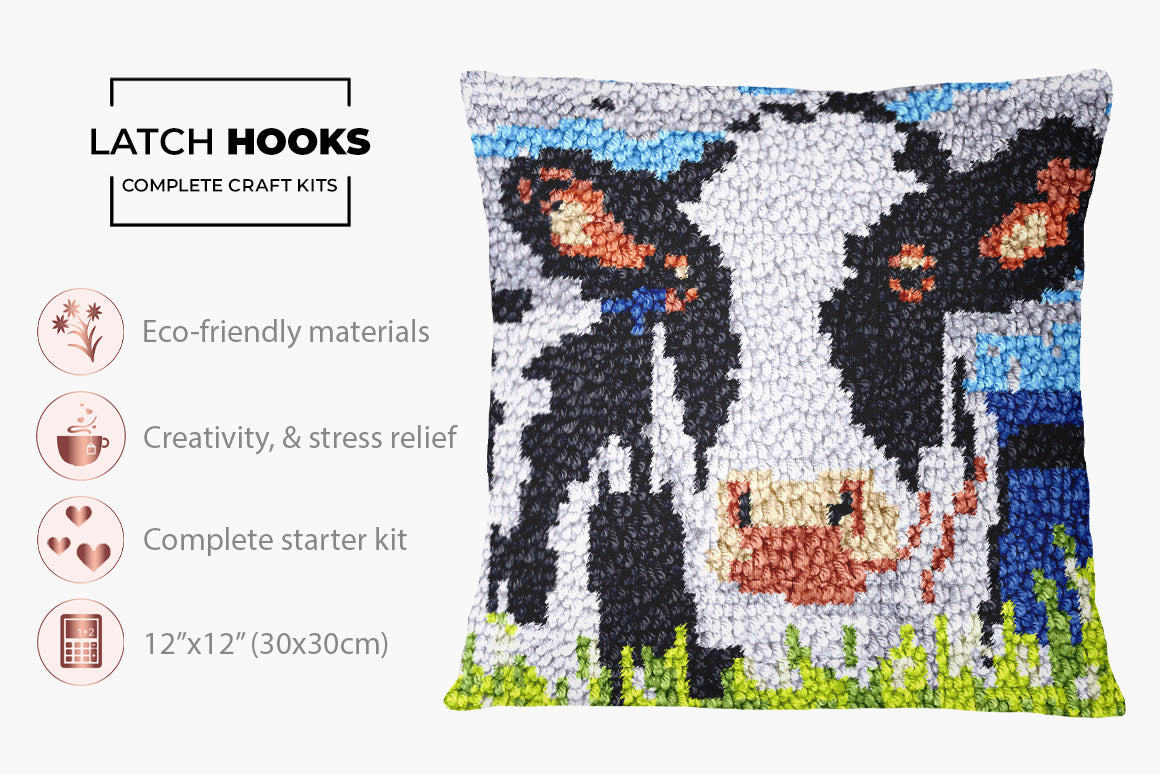 Cheerful Cow Portrait - Latch Hook Pillow Kit