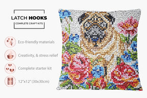 Charming Pug in Floral Splendor - Latch Hook Pillow Kit