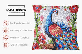 Majestic Peacock in Blooming Garden - Latch Hook Pillow Kit