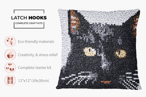 Whimsical Whiskers: The Black Cat Portrait - Latch Hook Pillow Kit