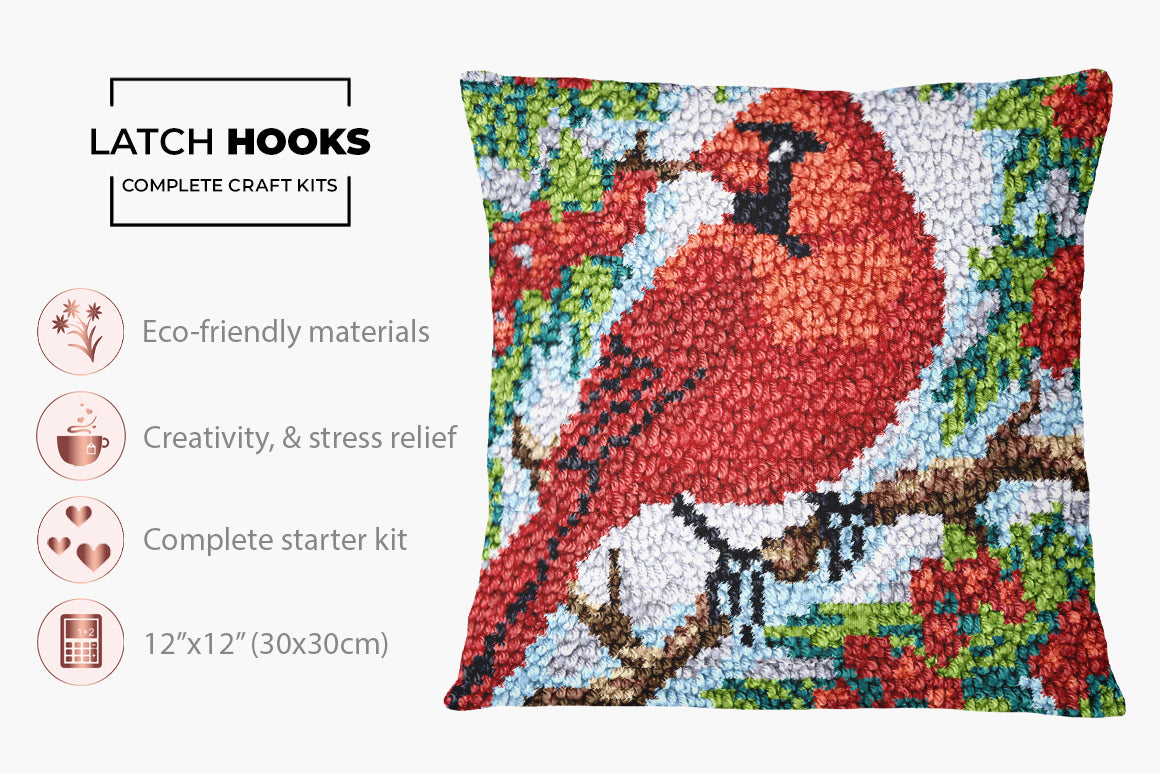 Vibrant Cardinal in Bloom - Latch Hook Pillow Kit