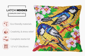 Charming Bluebirds on Vibrant Canvas - Latch Hook Pillow Kit