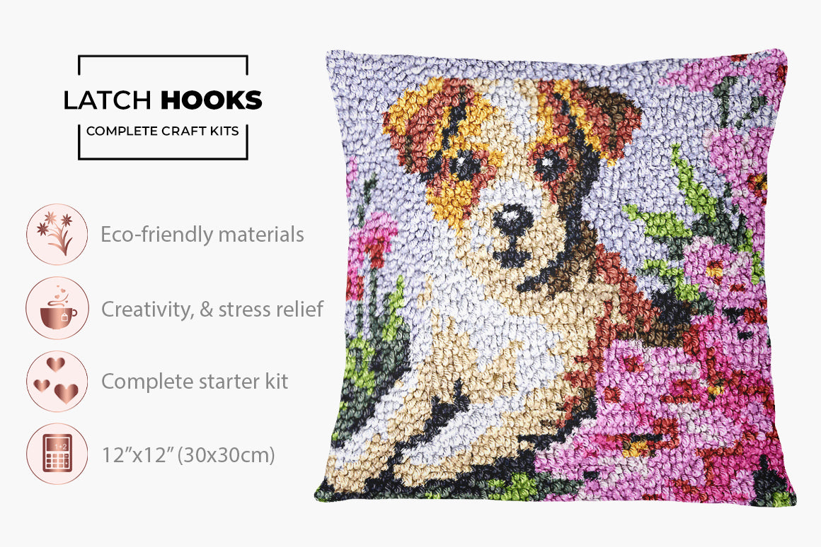 Playful Pup in Bloom - Latch Hook Pillow Kit