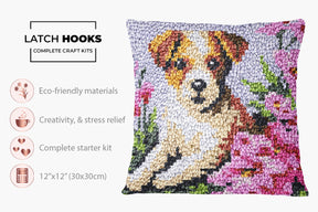 Playful Pup in Bloom - Latch Hook Pillow Kit