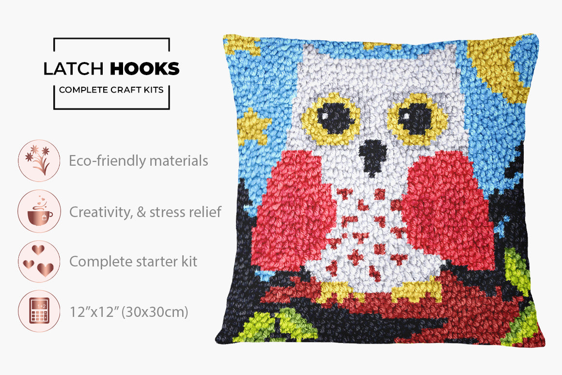 Whimsical Owl in a Starry Night - Latch Hook Pillow Kit