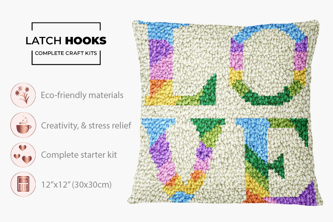 Colorful Love Text Art - Latch Hook Pillow Kit