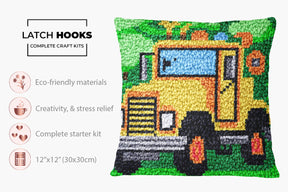 Cheerful Yellow Truck in a Green Landscape - Latch Hook Pillow Kit