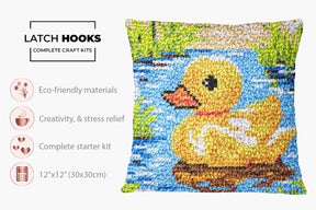 Charming Yellow Duckling on a Serene Pond - Latch Hook Pillow Kit