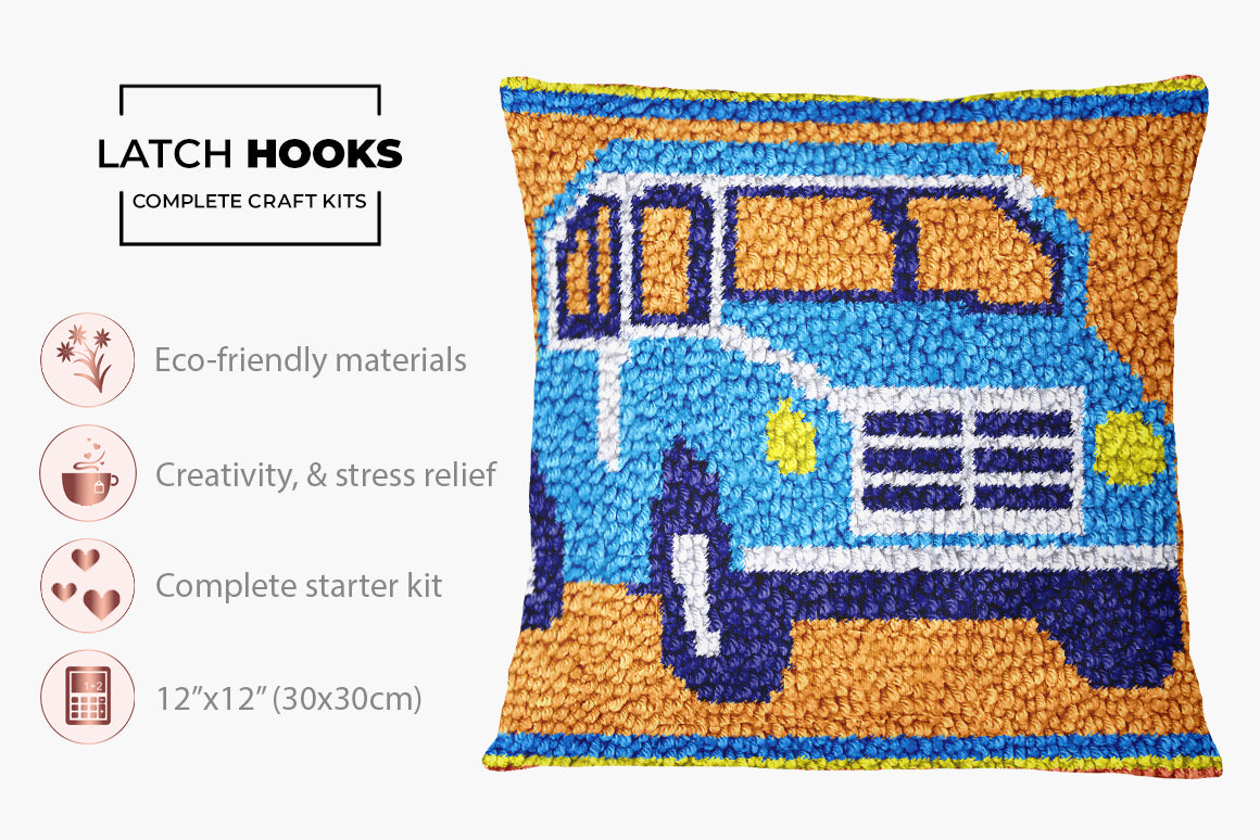 Retro Blue Vehicle Art - Latch Hook Pillow Kit