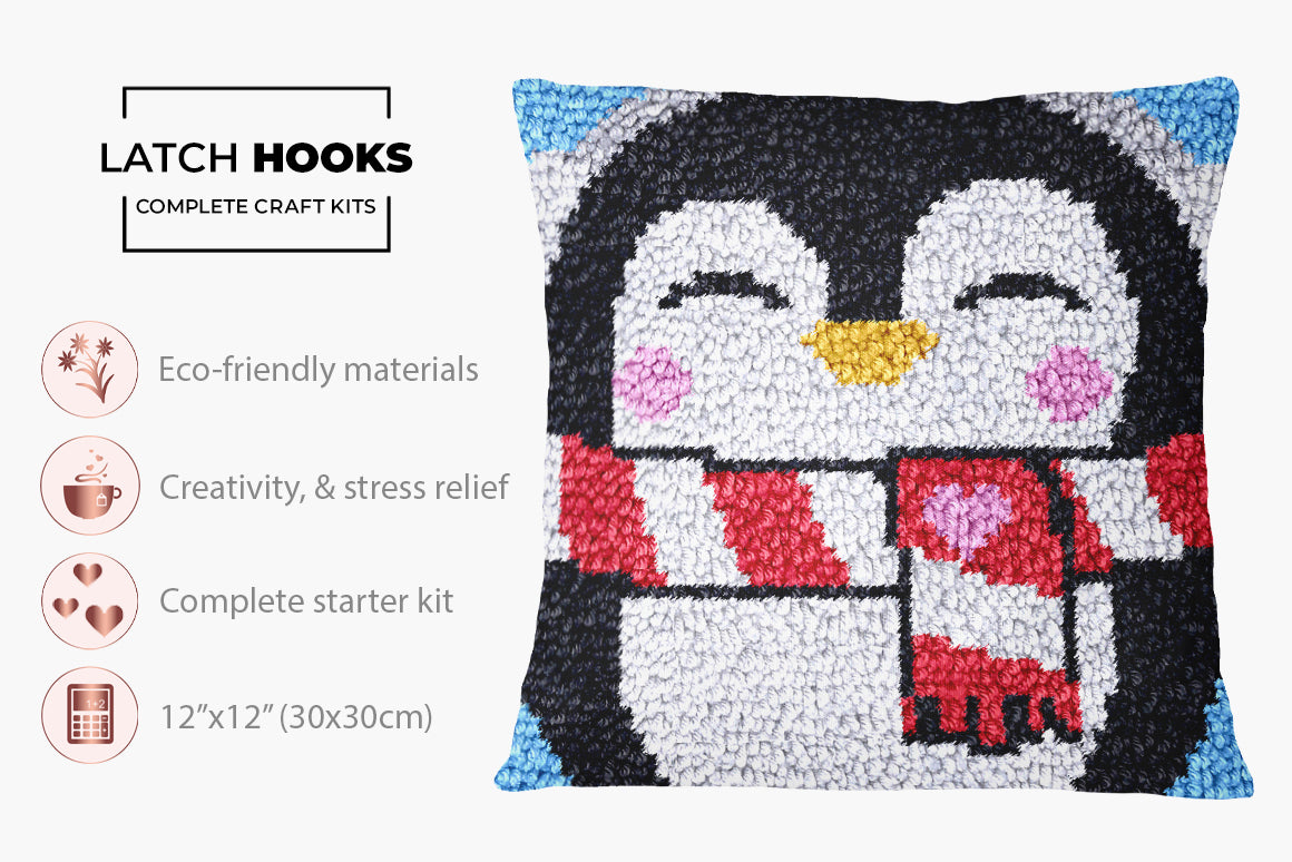 Cheerful Penguin Knitting Artwork - Latch Hook Pillow Kit