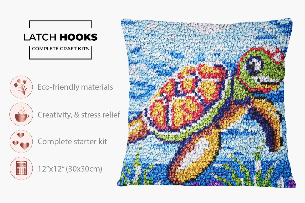 Whimsical Turtle in Aquatic Wonderland - Latch Hook Pillow Kit