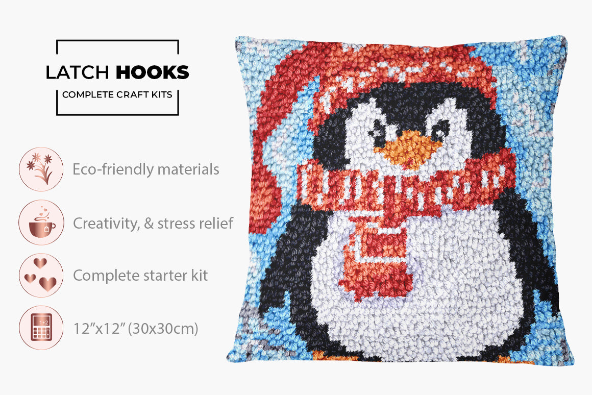 Charming Penguin in Winter Wear - Latch Hook Pillow Kit