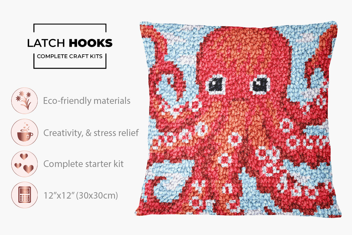 Vibrant Red Octopus in a Serene Ocean - Latch Hook Pillow Kit