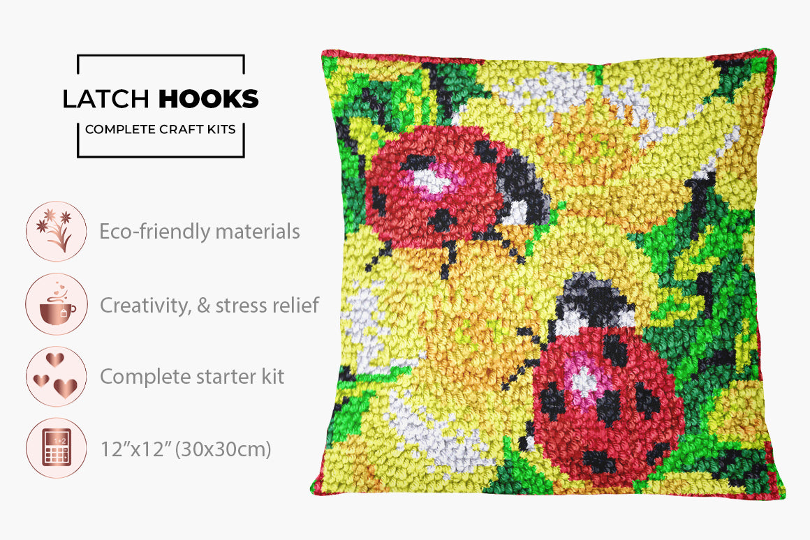 Joyful Ladybugs in Bloom - Latch Hook Pillow Kit