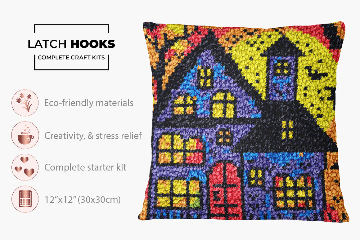 Hauntingly Bright: Halloween House - Latch Hook Pillow Kit