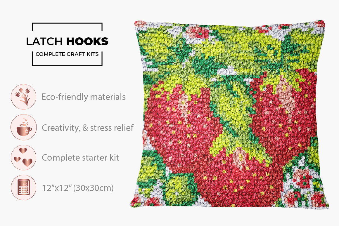 Juicy Strawberries Embroidery - Latch Hook Pillow Kit