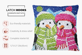 Cozy Penguin Pair in Winter Wonderland - Latch Hook Pillow Kit