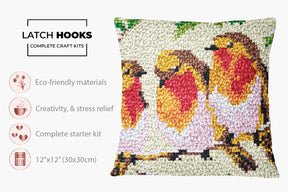 Cheerful Robins in a Winter Garden - Latch Hook Pillow Kit