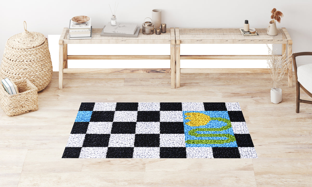 Vibrant Floral Checkered Rug - Latch Hook Rug Kit