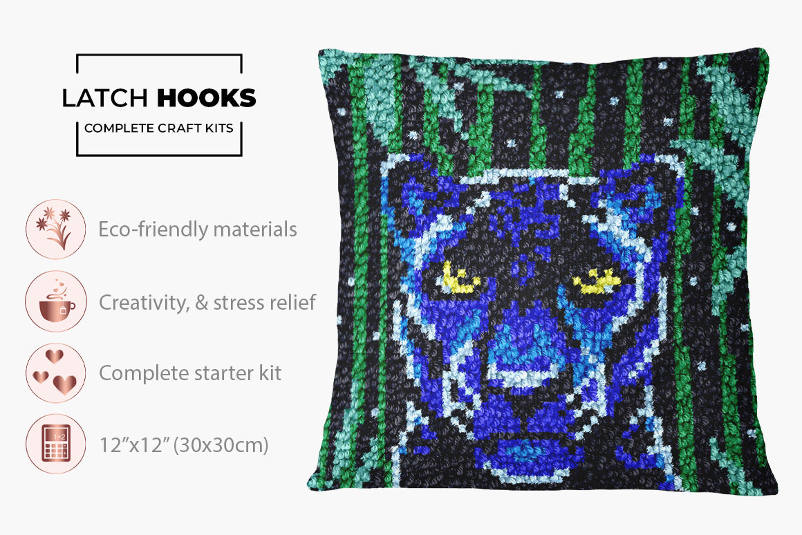 Mystic Blue Panther in the Jungle - Latch Hook Pillow Kit