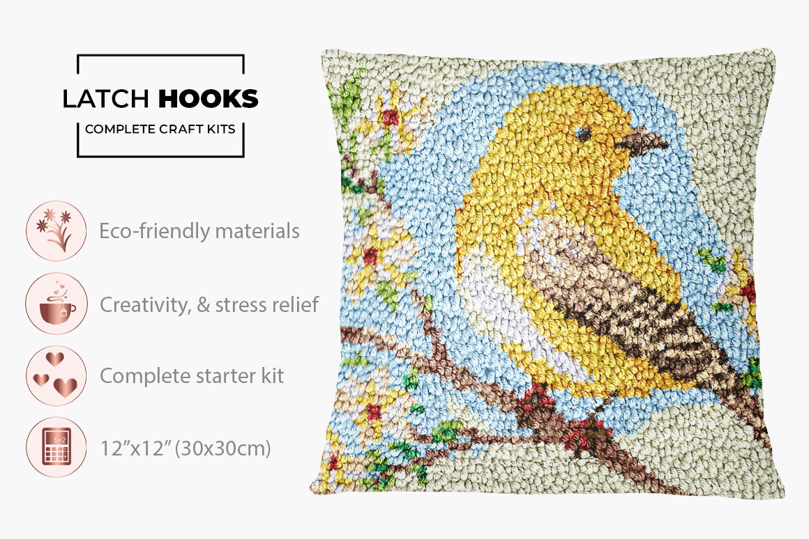 Golden Bird on Blooming Branch - Latch Hook Pillow Kit