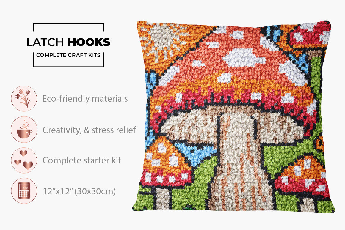 Whimsical Mushroom Wonderland - Latch Hook Pillow Kit