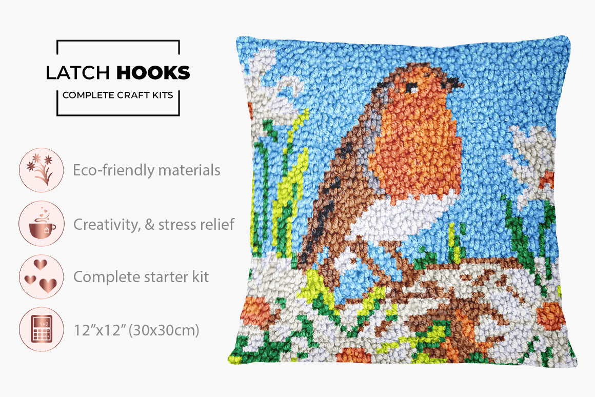 Charming Robin Amidst Daisies - Latch Hook Pillow Kit