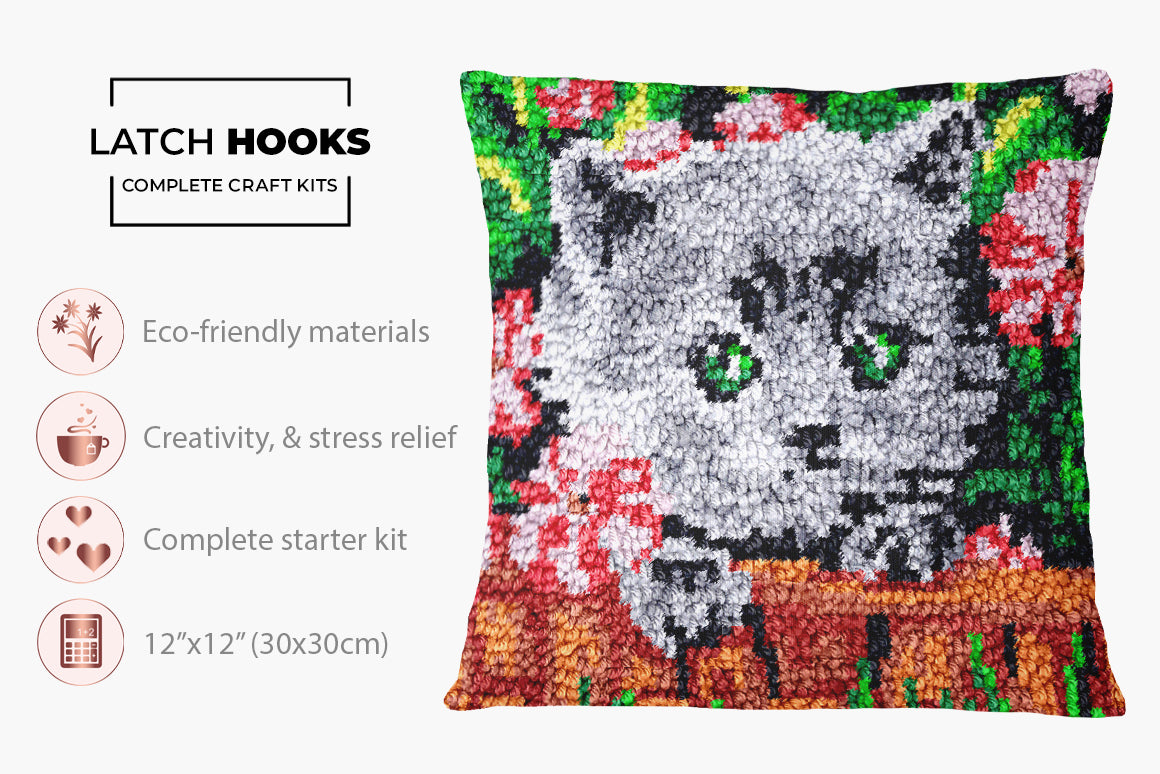 Whimsical Kitten Retreat - Latch Hook Pillow Kit