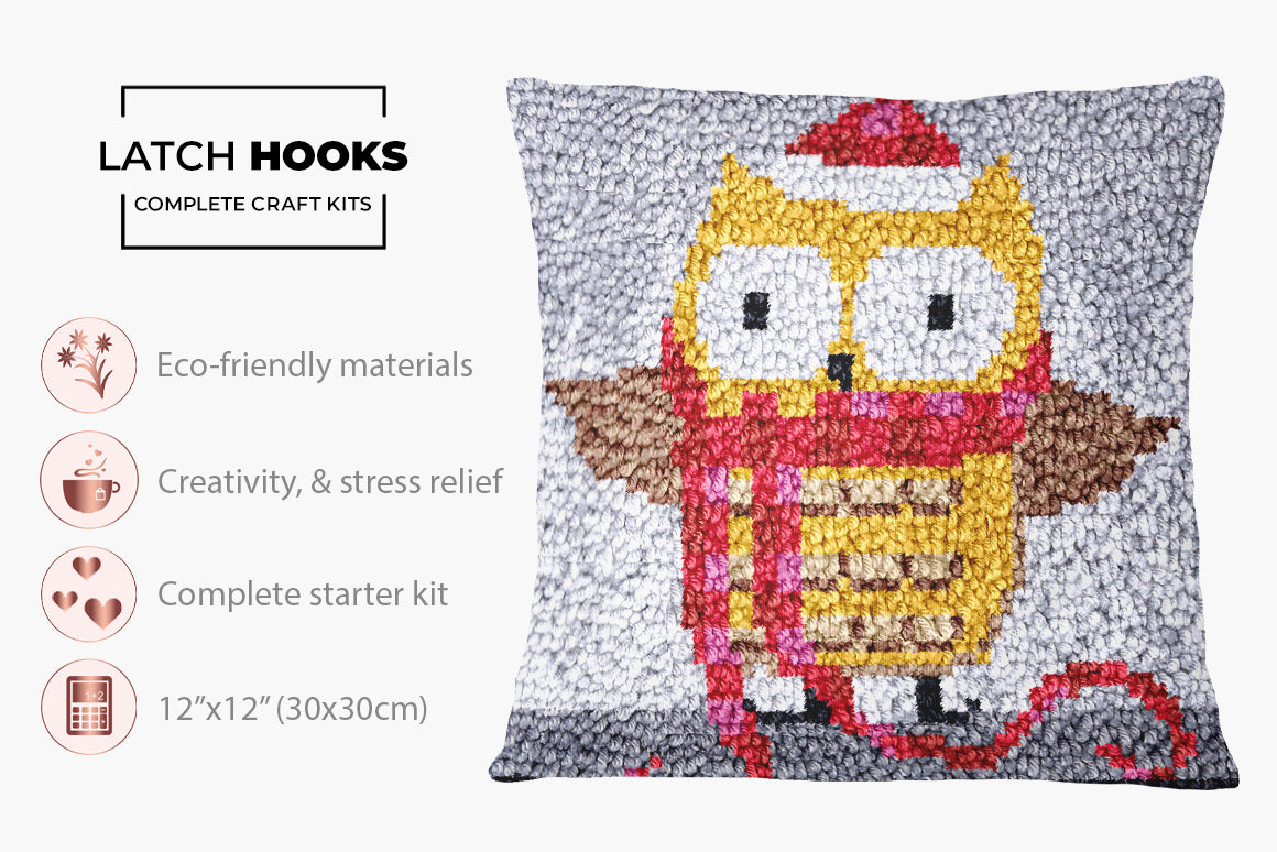 Festive Owl in Winter Scarf - Latch Hook Pillow Kit