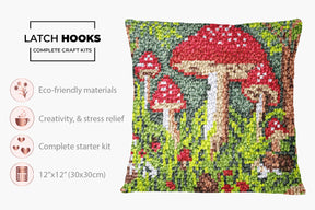 Whimsical Red Mushrooms in the Forest - Latch Hook Pillow Kit