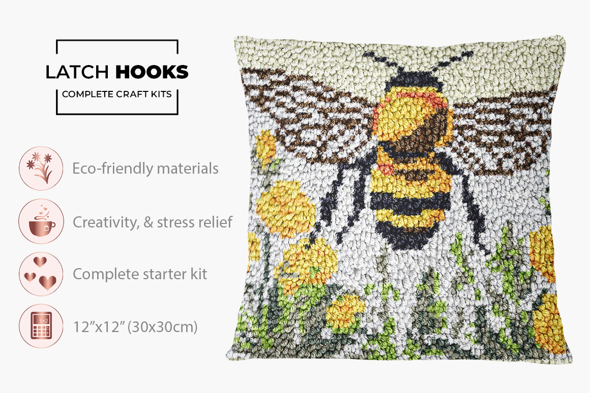 Buzzing Beauty: The Bee in Bloom - Latch Hook Pillow Kit