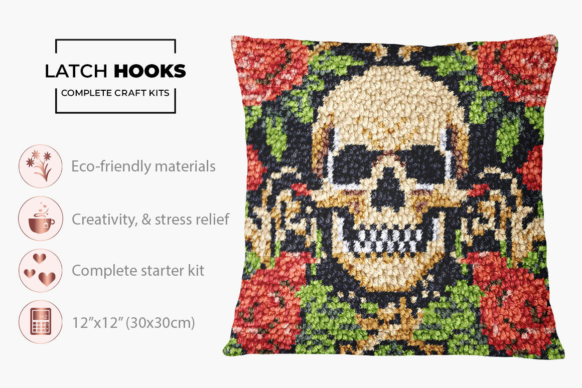 Rose and Skull Embroidery Art - Latch Hook Pillow Kit