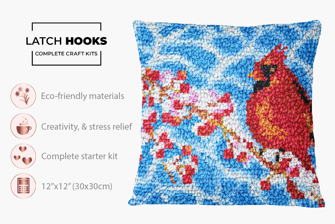 Vibrant Cardinal on Cherry Blossom - Latch Hook Pillow Kit