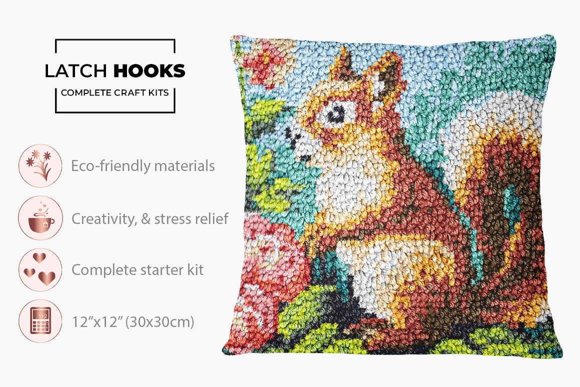 Charming Squirrel in Blooming Garden - Latch Hook Pillow Kit