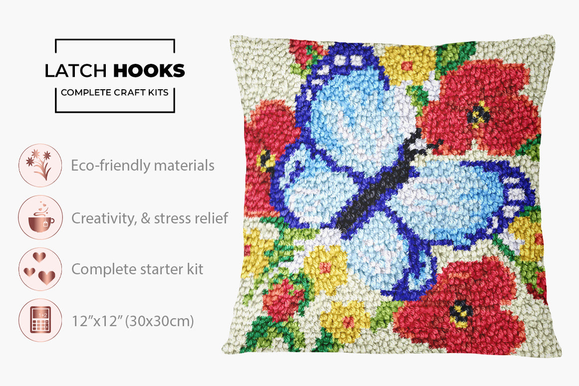 Whimsical Butterfly and Floral Scene - Latch Hook Pillow Kit