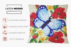 Whimsical Butterfly and Floral Scene - Latch Hook Pillow Kit