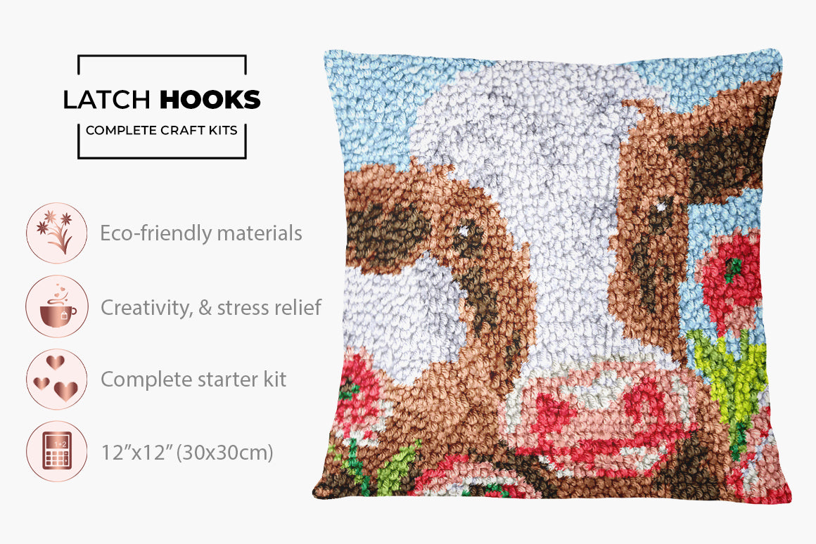 Charming Cow Embroidery - Latch Hook Pillow Kit