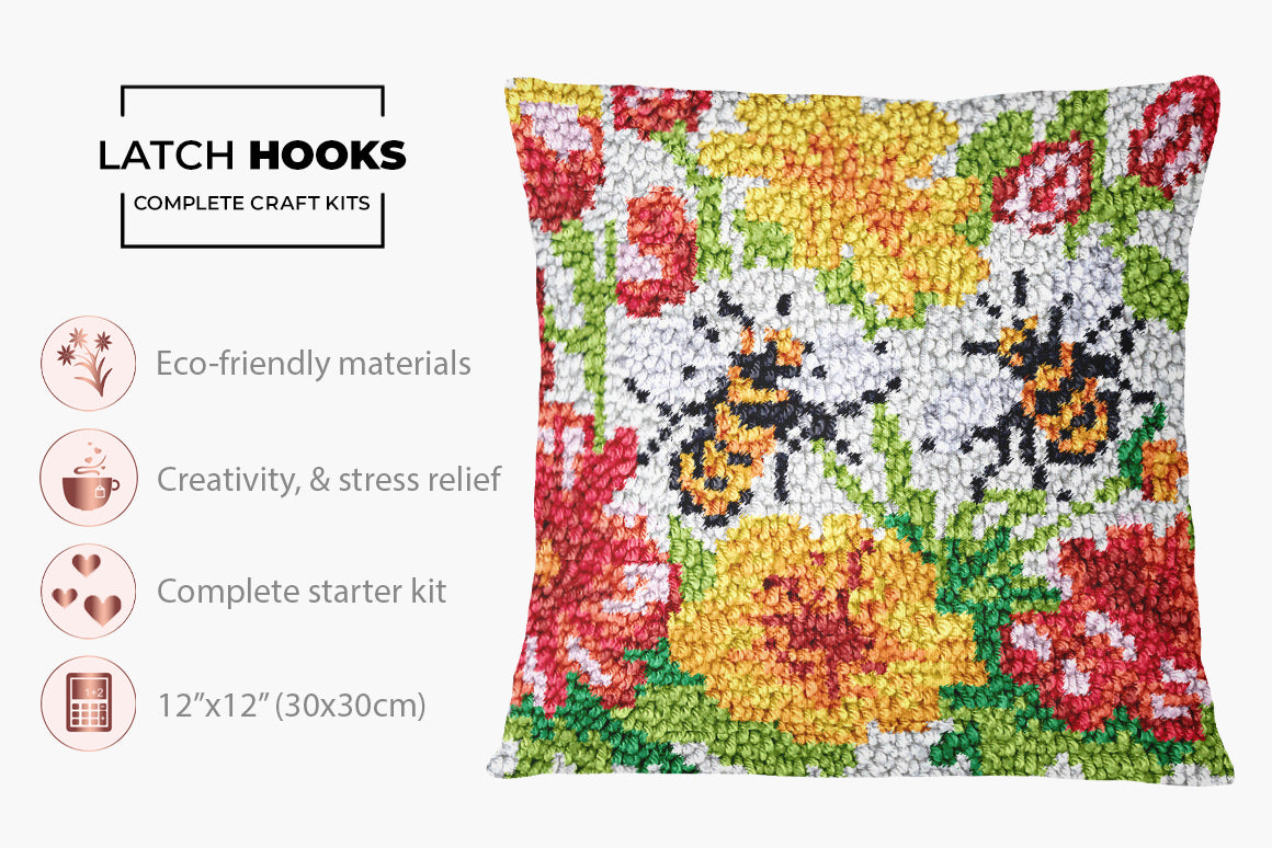 Buzzing Floral Delight - Latch Hook Pillow Kit