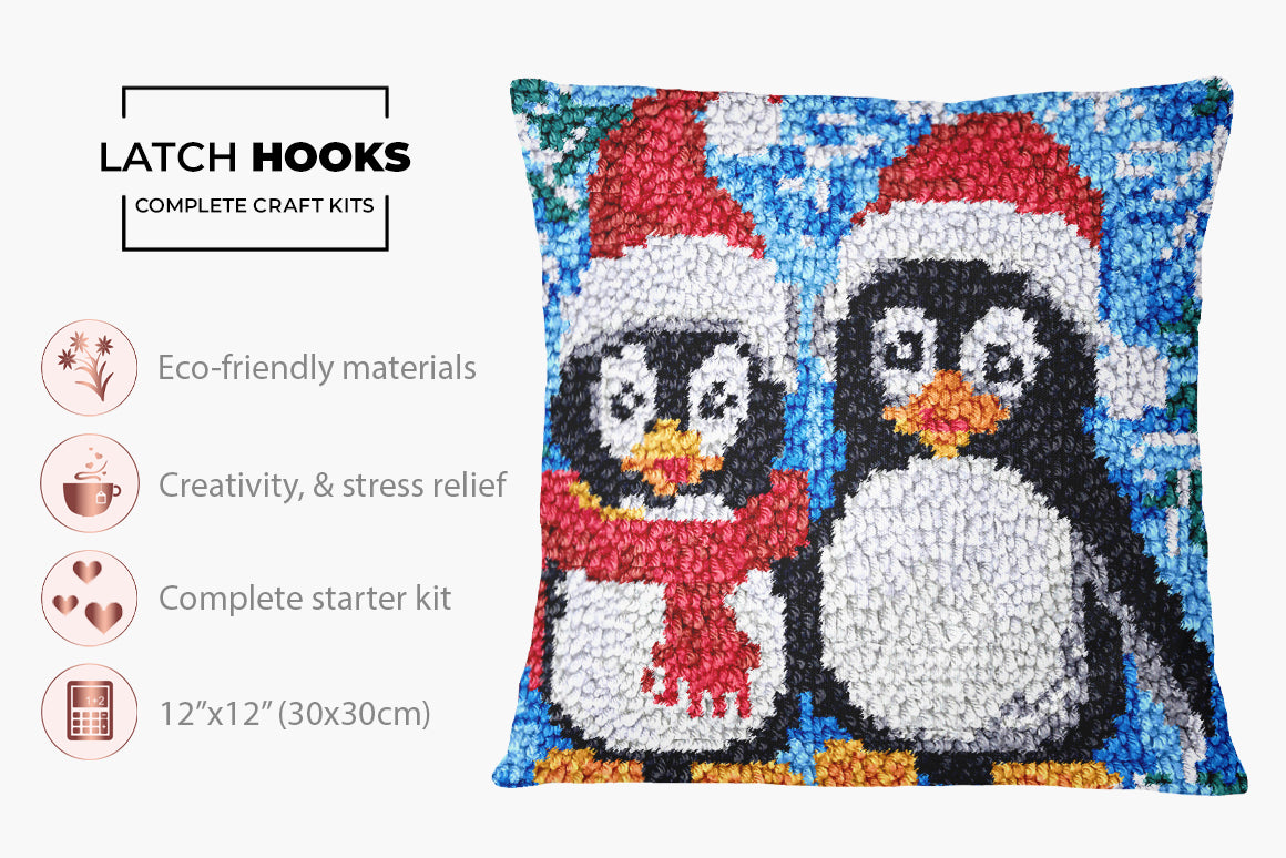 Cheerful Penguin Duo for the Holidays - Latch Hook Pillow Kit