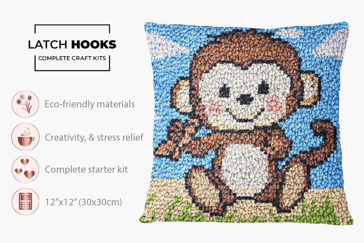 Playful Monkey Delight - Latch Hook Pillow Kit