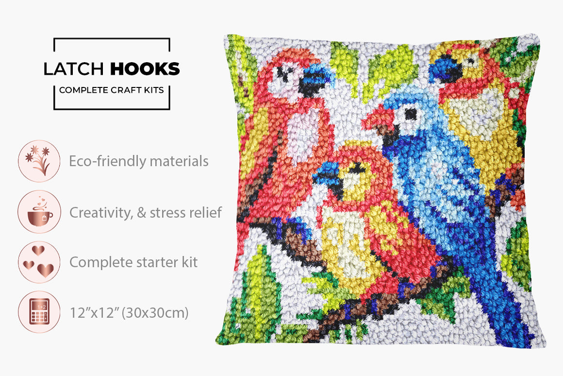 Colorful Gathering of Birds - Latch Hook Pillow Kit