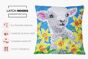 Whimsical Lamb Amidst Daffodils - Latch Hook Pillow Kit