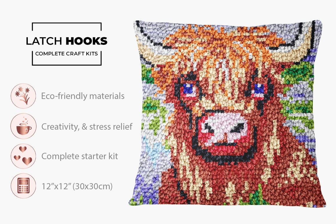 Charming Highland Cow Portrait - Latch Hook Pillow Kit